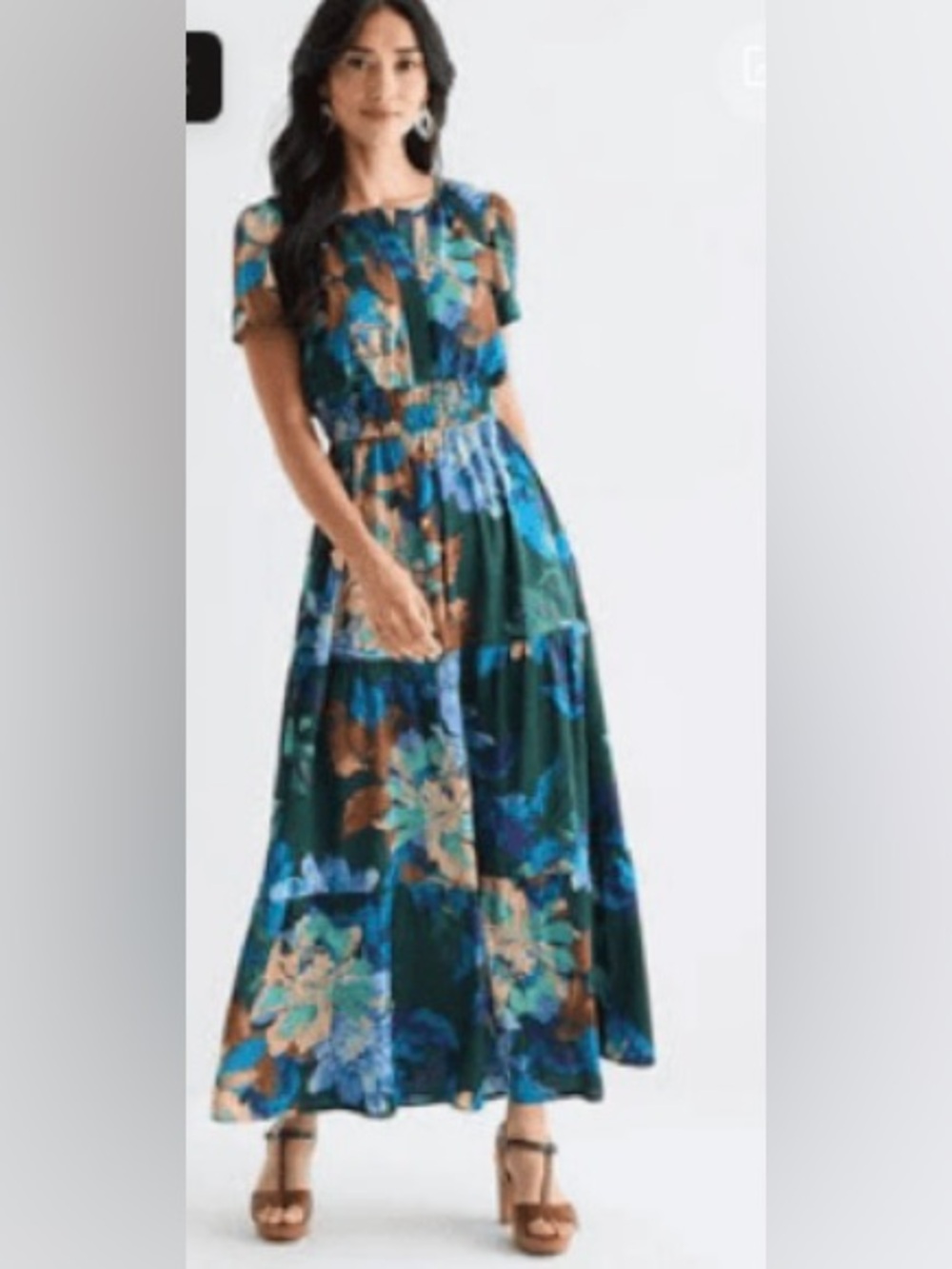 Chetta B Teal Floral Tiered Maxi Dress with Blue and Brown Accents💙